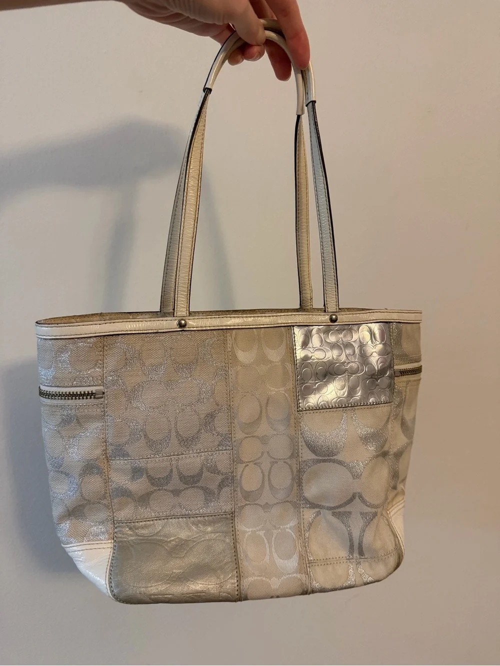 Coach Metallic Patchwork Tote - Silver & Cream